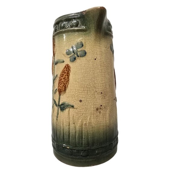 9.5" Vintage Roseville Golden Rod Pitcher Cattails & Butterfly Pottery - Picture 2 of 8